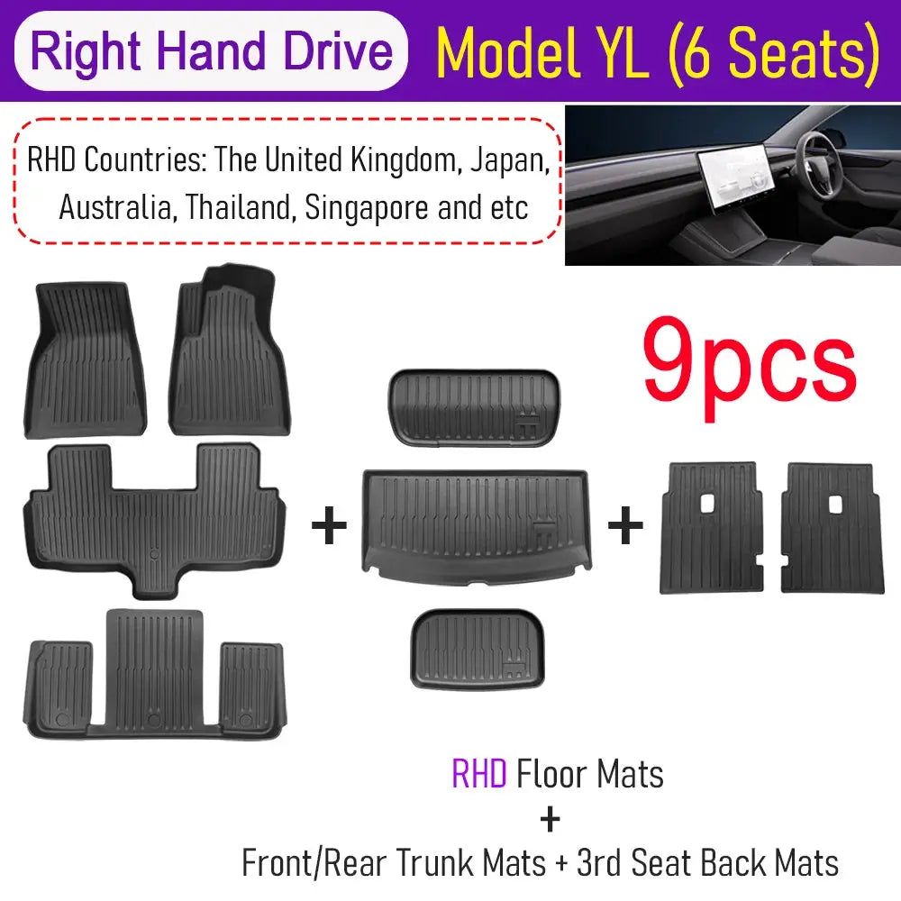 All-weather black floor mats cargo liner set for 2026 Tesla Model YL (6 seats), 9-piece front/rear/trunk mats