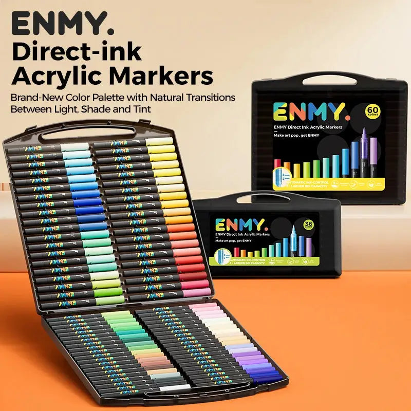 Three ENMY acrylic paint marker sets in black cases, including 60-color and 36-color packs