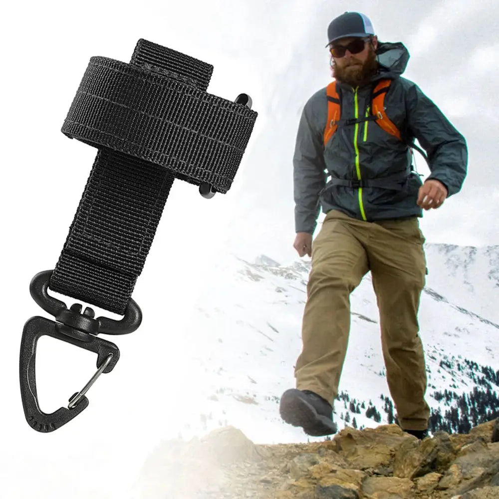 Multi-purpose black nylon gloves with safety clip and carabiner for outdoor use