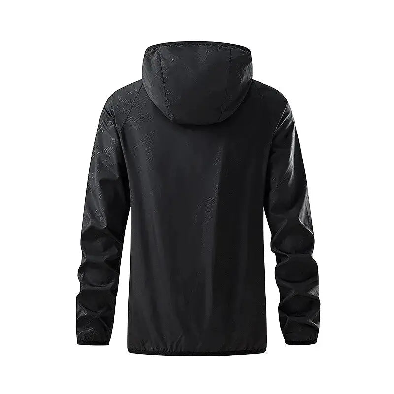 Simples Market LNGXO waterproof hiking jacket, black hooded unisex windbreaker for outdoor rain.