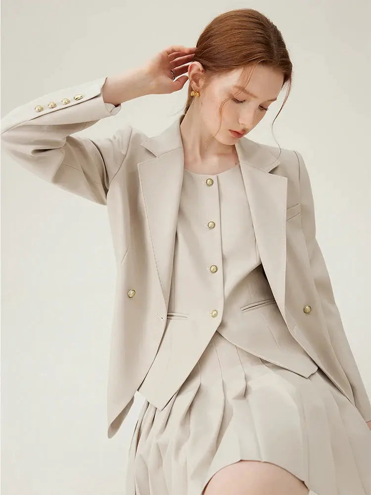 FSLE women's blazer suit set in beige with gold buttons and matching pleated skirt