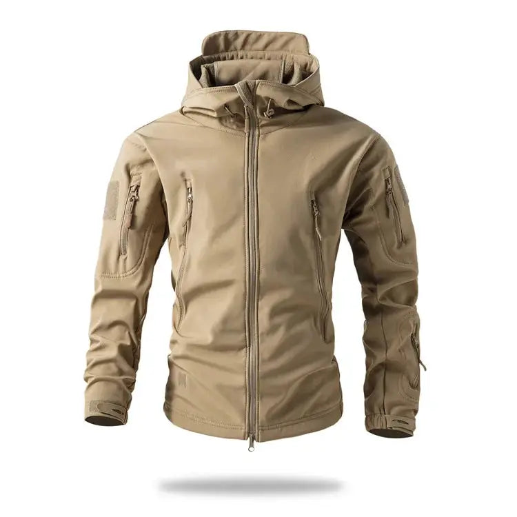 Lurker Shark Skin soft-shell tactical jacket for men, tan hooded with multiple zip pockets