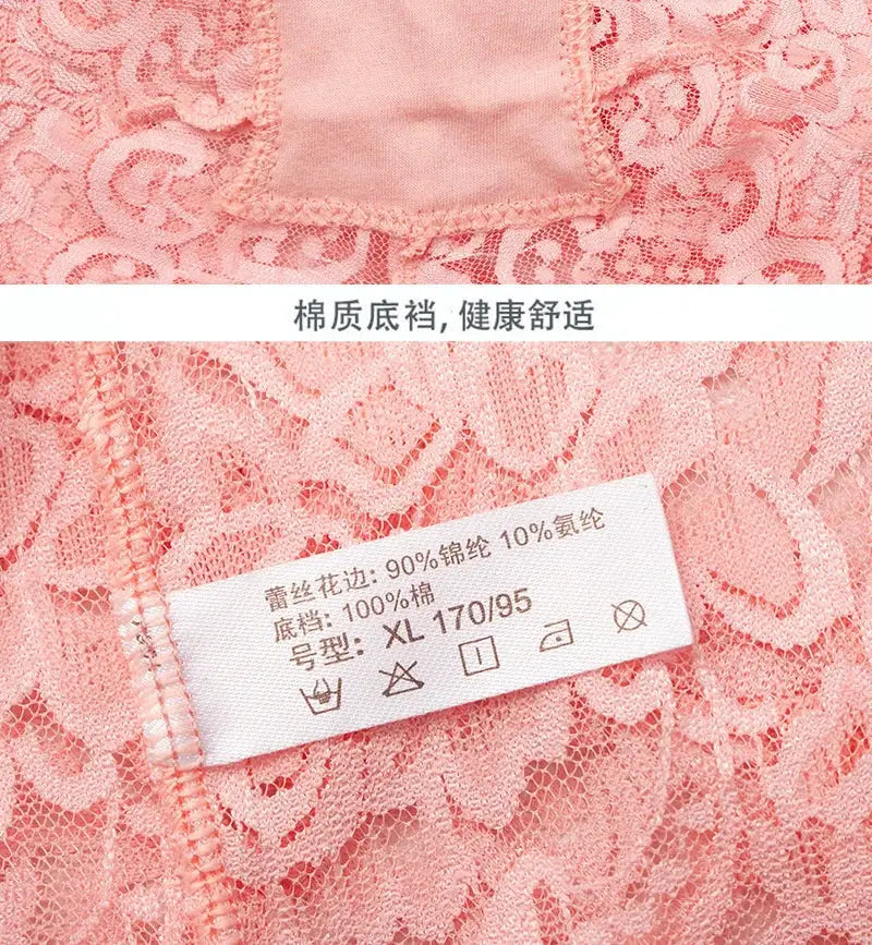 Pink lace shapewear panties with cotton lining; lace trim 90% nylon 10% elastane, size XL label visible.