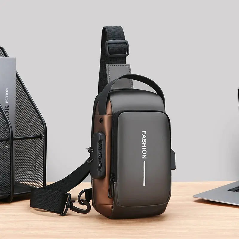 Men's anti-theft chest bag by Simples Market with USB charging, gray front panel, brown sides