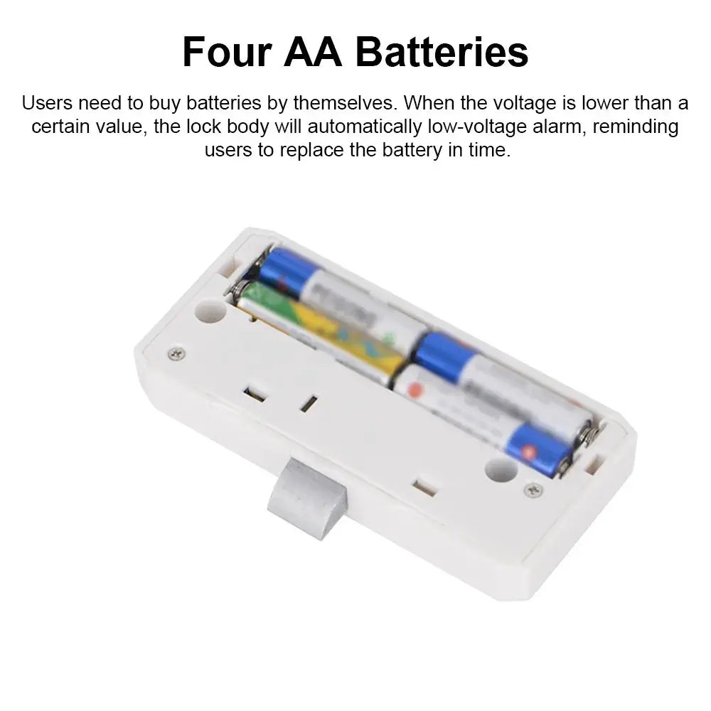 Smart drawer lock, white plastic housing with four AA batteries visible in the battery compartment