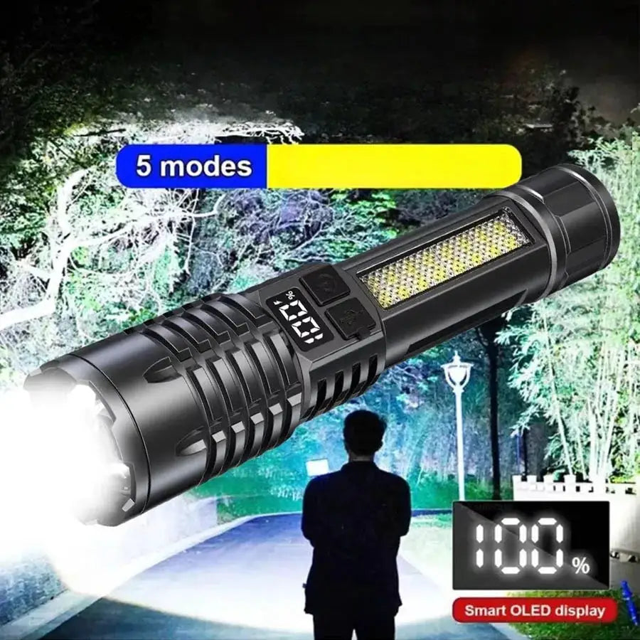 Simples Market 100000LM rechargeable LED flashlight, black tactical torch with OLED display and 5 modes for outdoor use