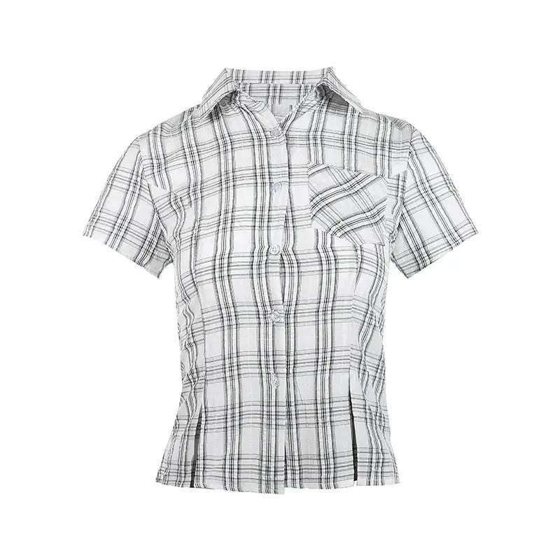 Genayooa women's plaid short-sleeve shirt, white with black grid, front chest pocket, button-down