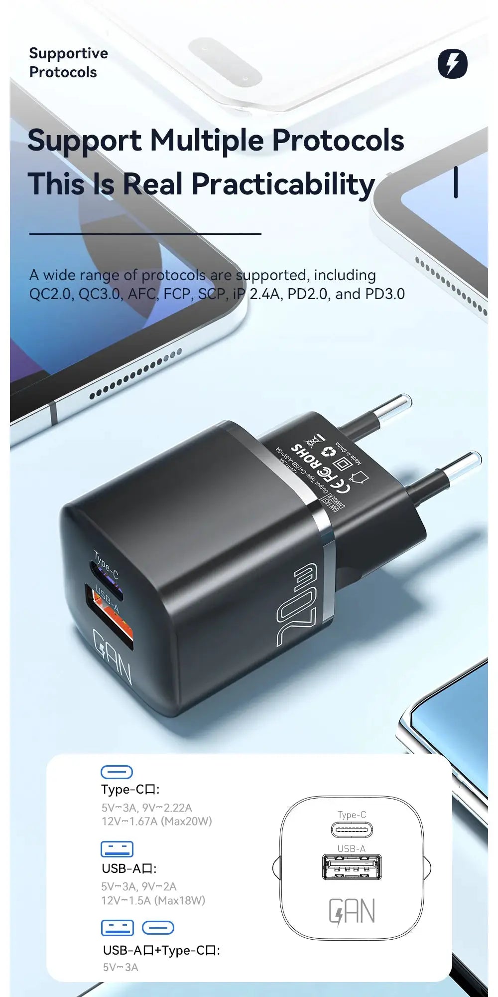 Simples Market Essager 20W GaN USB-C charger; compact black wall charger with Type-C and USB-A ports