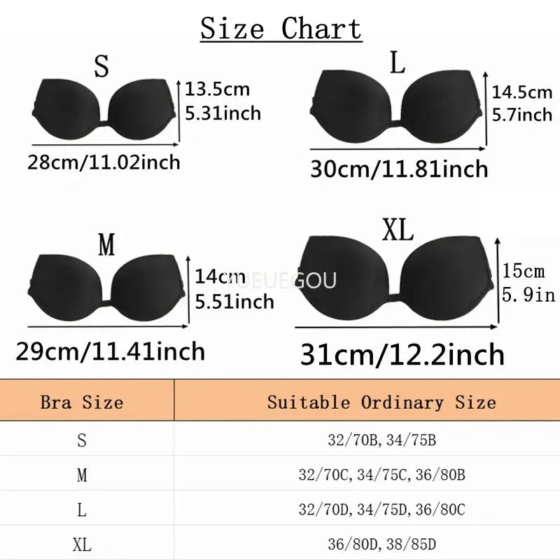 Multiway backless push-up bra by Simples Market; black with removable transparent straps; size chart shows S–XL.