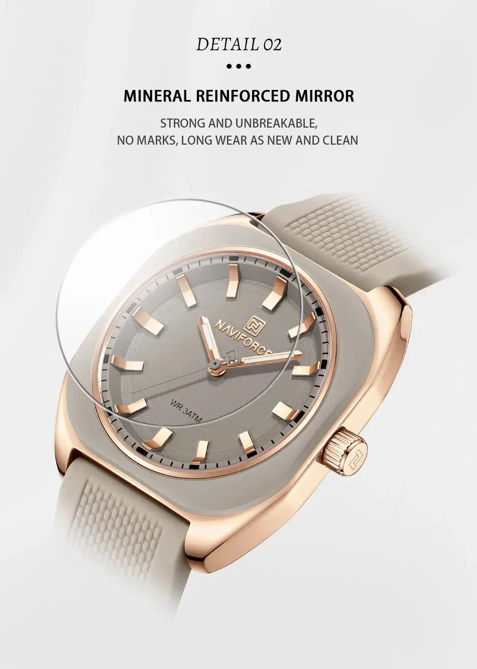 NAVIFORCE women's casual wristwatch with rose-gold-tone case, gray dial, beige silicone strap