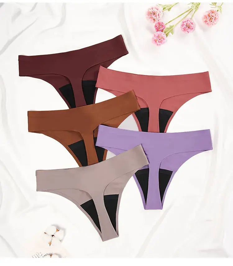 Six-pack seamless low-waist thong-style menstrual panties in assorted colors.