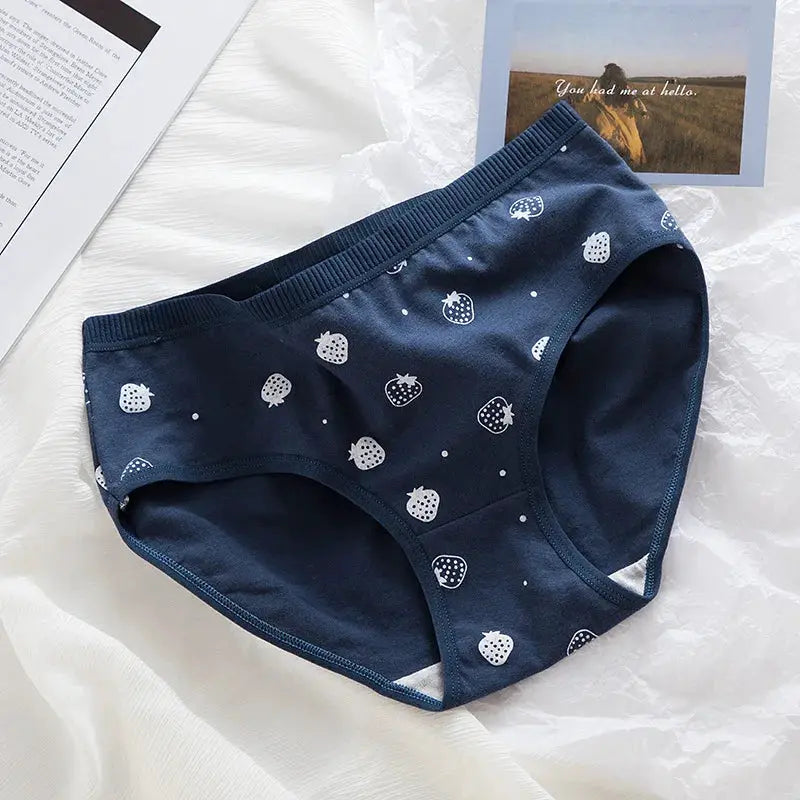 Navy blue cotton women's panties with white strawberry print.