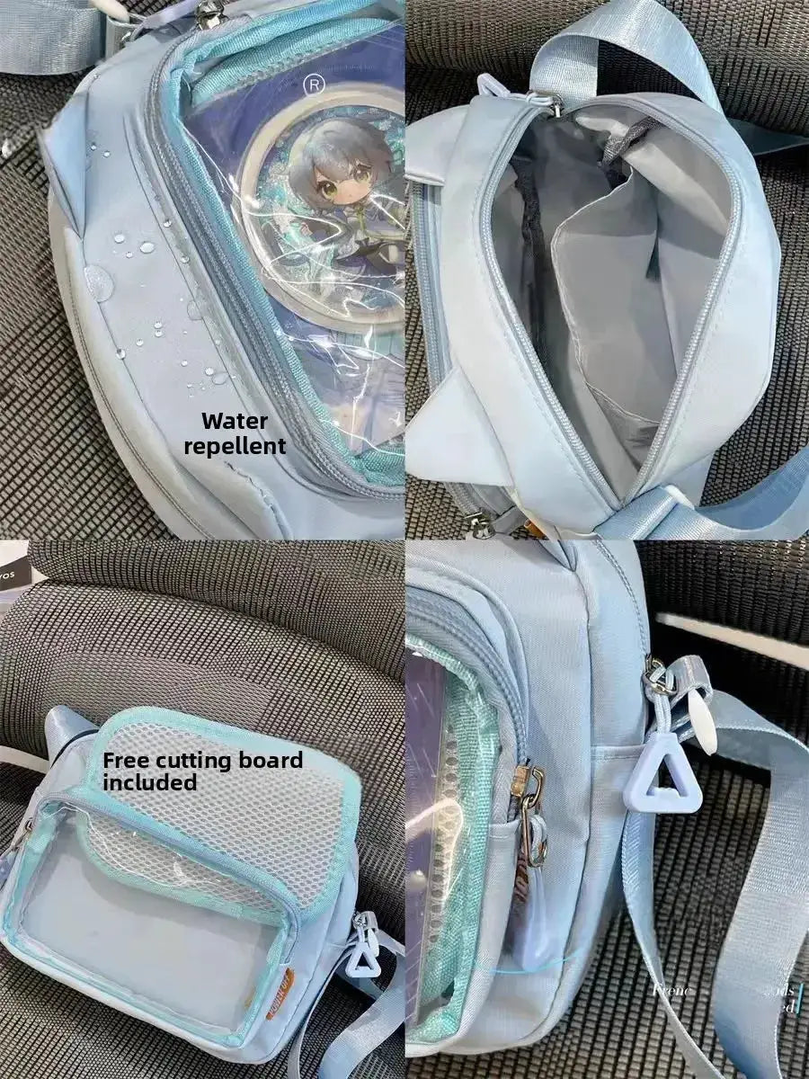 Ita bag in light blue with transparent badge display panel; crossbody bag with water-repellent fabric