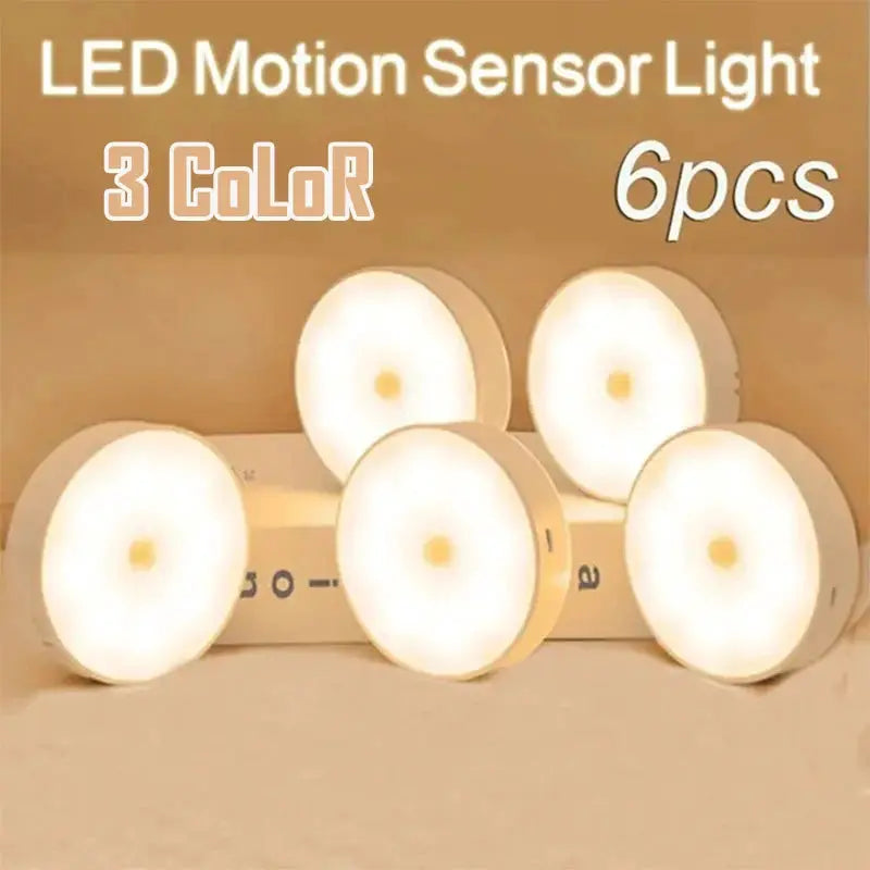 2 To 6 Pack Motion Sensor LED Night Light USB Rechargeable Three Color Lamp For Cabinet Wardrobe Staircase Closet