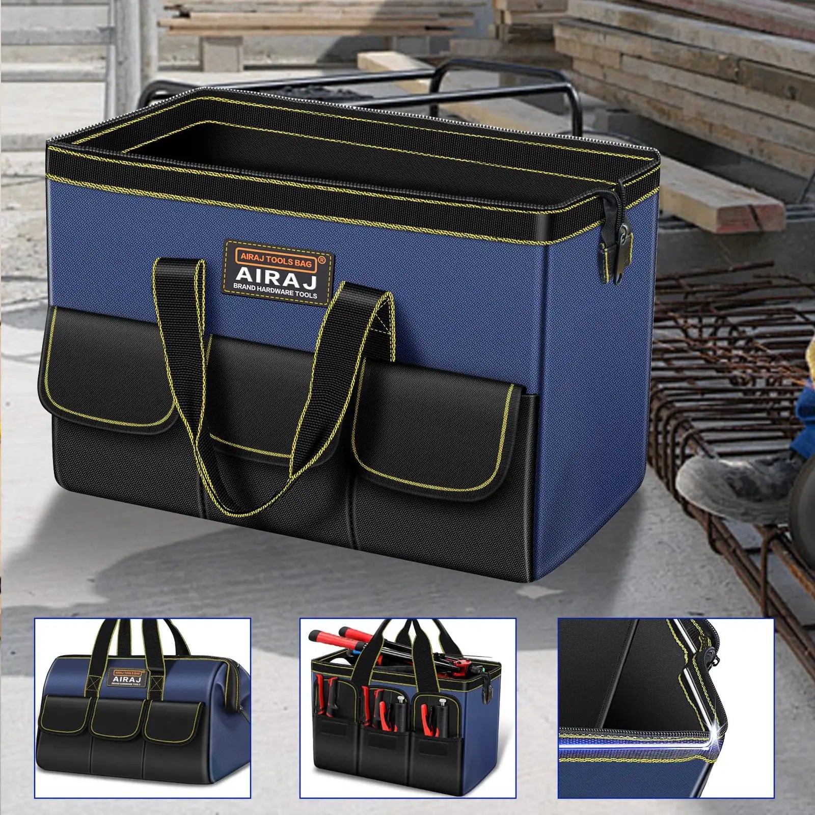 Airaj multifunctional tool bag in blue 1680D Oxford cloth with yellow stitching and front pockets