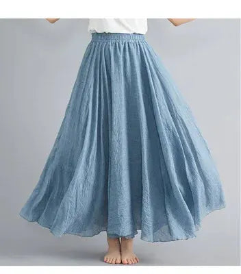 Mori Girl maxi skirt in blue cotton-linen with elastic waist by Simples Market