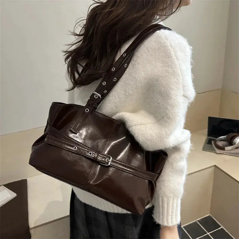 Brown soft leather belt-buckle handbag with adjustable strap, Korean-style shoulder bag.