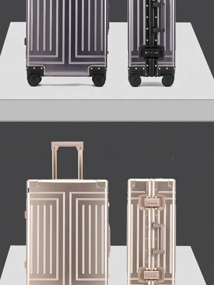 4-piece aluminum-magnesium rolling luggage set in rose-gold and purple finishes