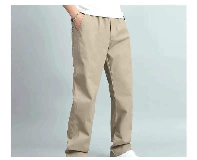 Simples Market men's casual cotton trousers, beige loose-fit straight pants with multiple pockets.