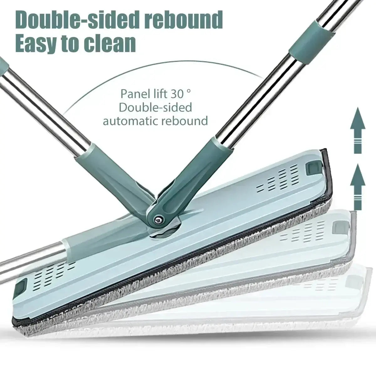 Flat squeeze mop with bucket by Simples Market; double-sided, teal handle with microfiber pads for wet or dry cleaning