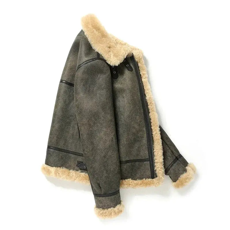 Men's olive green suede shearling jacket with beige fur trim and zip front