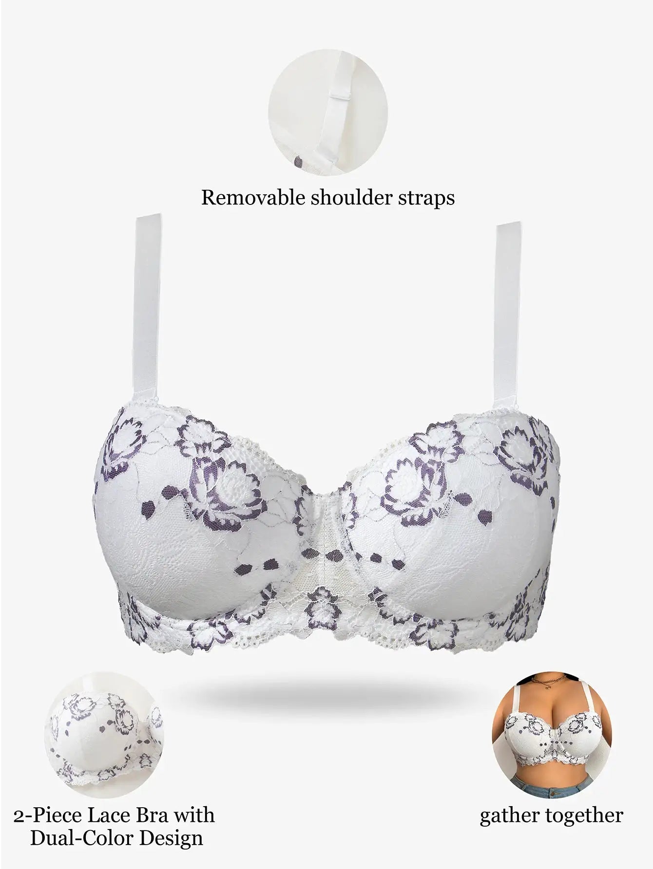 Plus-size white lace bra with purple embroidery, underwire, and removable straps by Simples Market