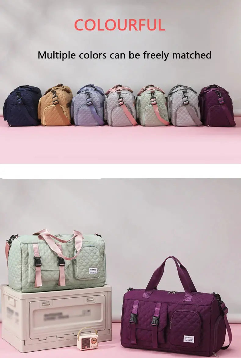 Durable nylon travel duffle bag with quilted argyle pattern; Simples Market, shown in mint green and purple.