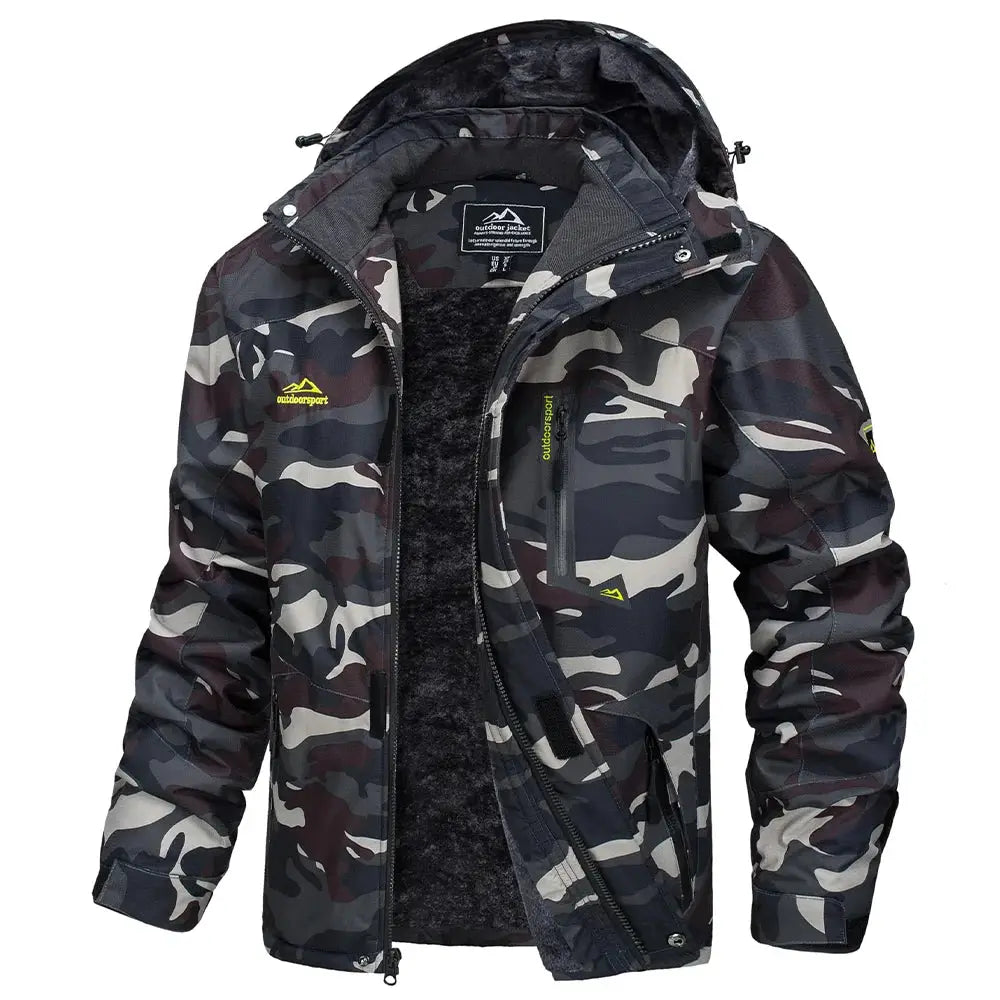 Men's KEFITEVD camouflage winter jacket with hood, waterproof shell and fleece lining, outdoorsport logo visible