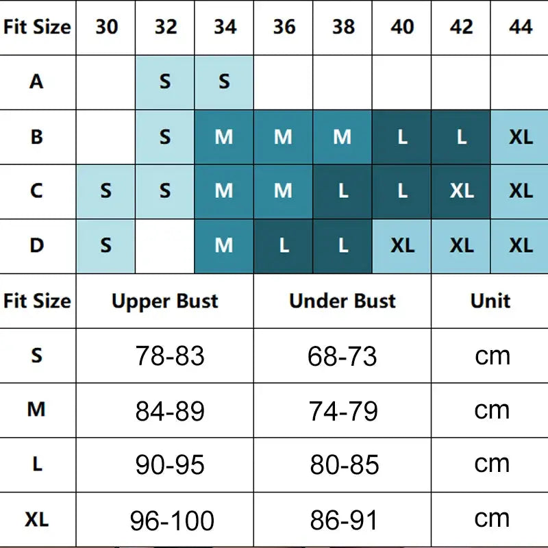 FINETOO wireless bralette size chart by Simples Market; band 30–44, cups A–D, S-XL