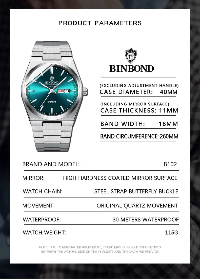 BINBOND men's stainless steel quartz wristwatch with teal dial
