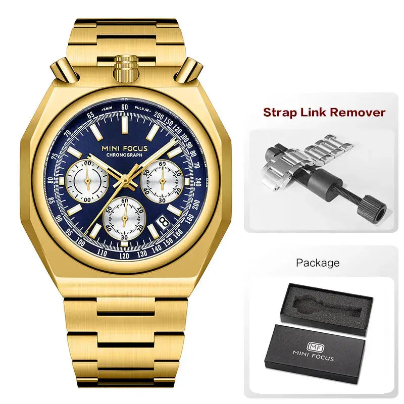 MINI FOCUS chronograph watch for men with a gold stainless steel strap and blue dial; includes strap-link remover