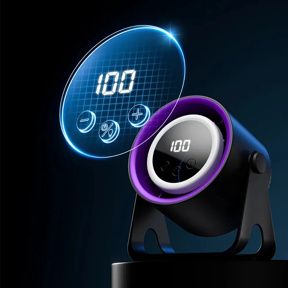 Desktop bladeless electric fan by Simples Market with purple ambient-light ring and digital display showing 100.