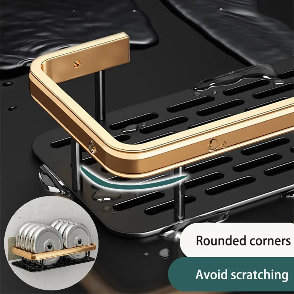 Bathroom corner shelf, gold aluminum, wall-mounted no-drill shower caddy; 2pc display with dish rack Simples Market