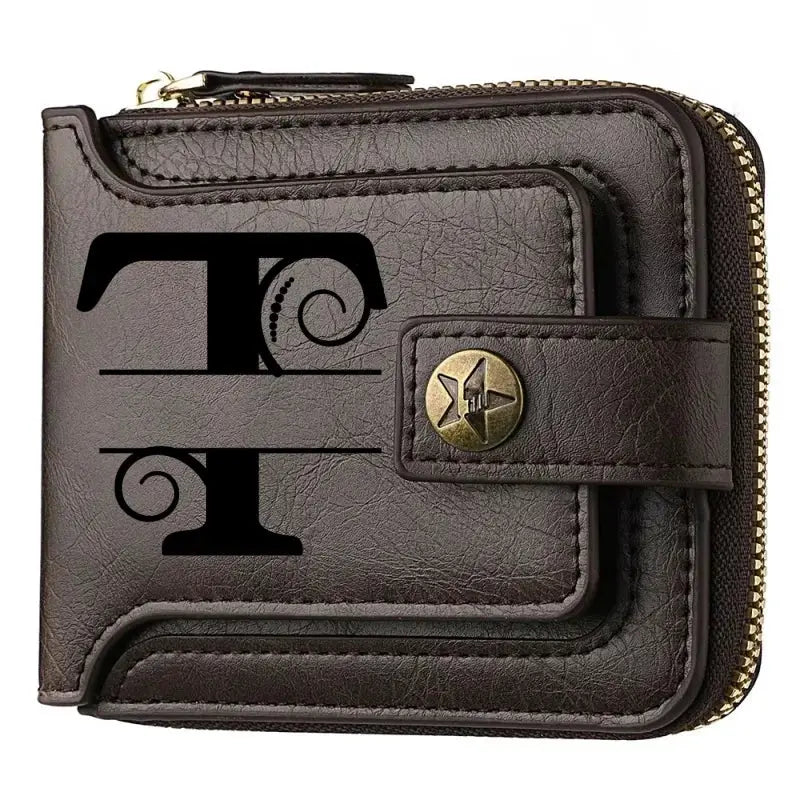 PU leather chain short wallet for men, brown zip-around bifold with strap
