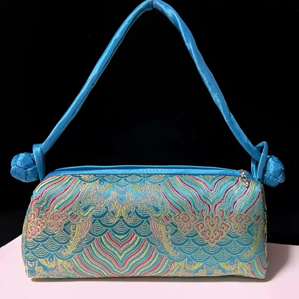 Simples Market fashion shoulder bag, embroidered silk with multicolor floral waves, blue strap