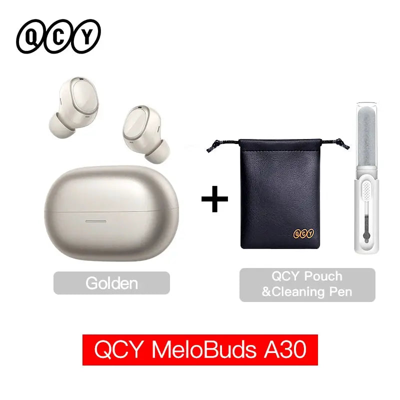 QCY MeloBuds A30 wireless earbuds in golden case with pouch and cleaning pen