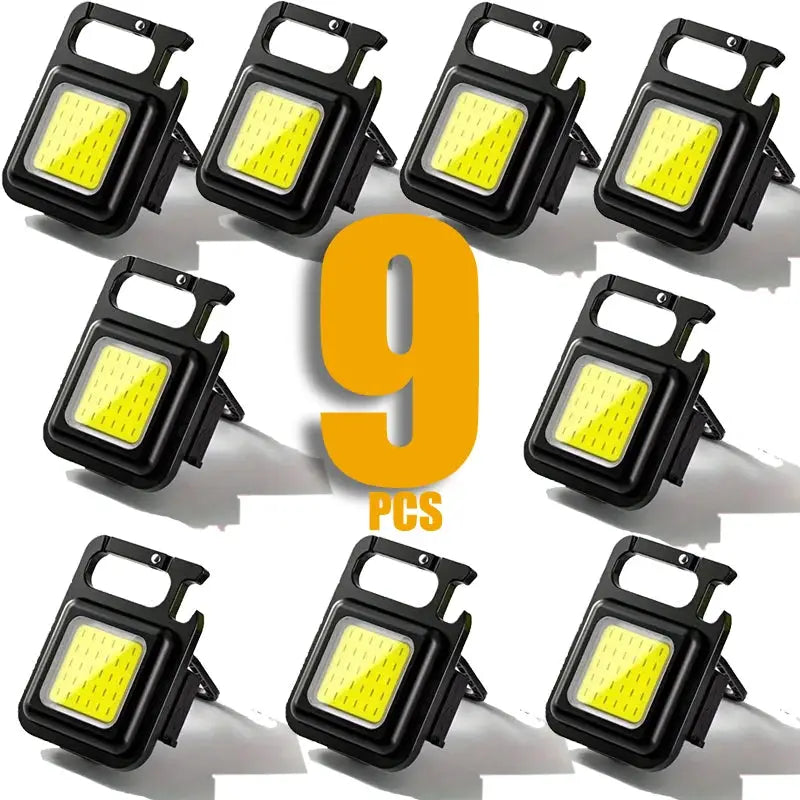 Keychain light mini camping flashlight with USB rechargeable COB LED, black pocket clip, 9-piece set