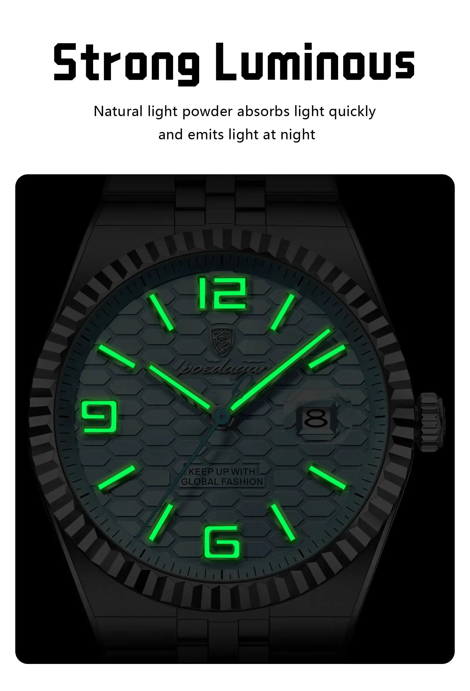 POEDAGAR men's luminous stainless steel watch with green glow, honeycomb dial, and date window