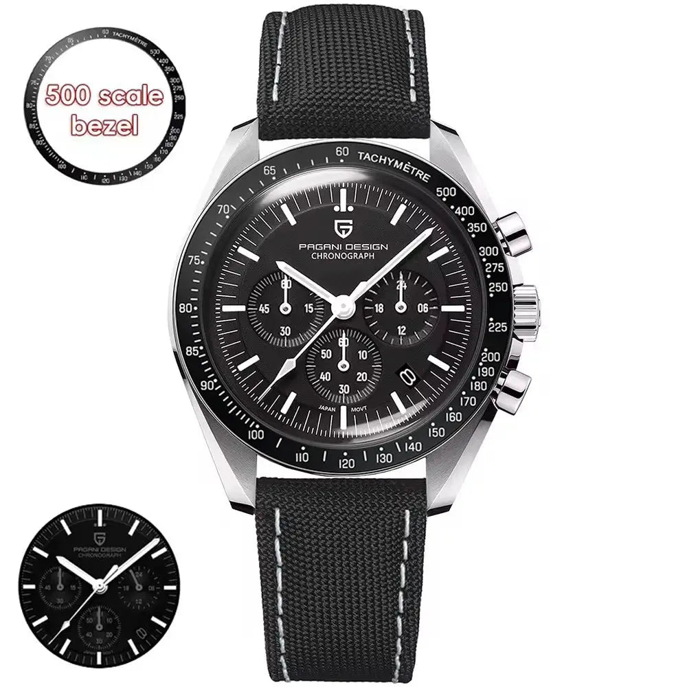 Pagani Design New Moon men's wristwatch, black dial chronograph with tachymeter bezel, silver case, black fabric strap.