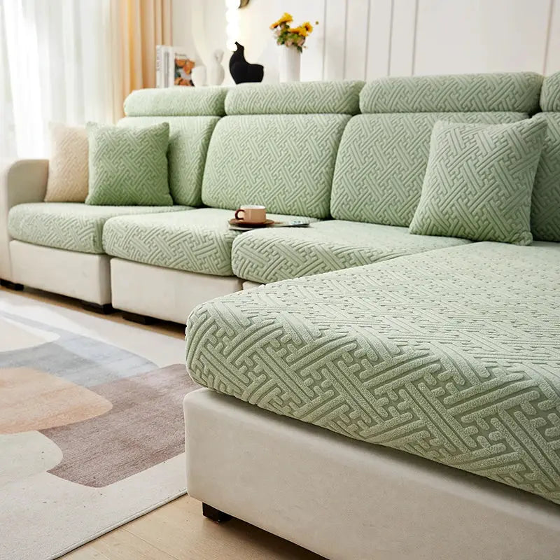 Jacquard sofa slipcover set in light green with stretch cushion covers for sectional sofa and matching cushions
