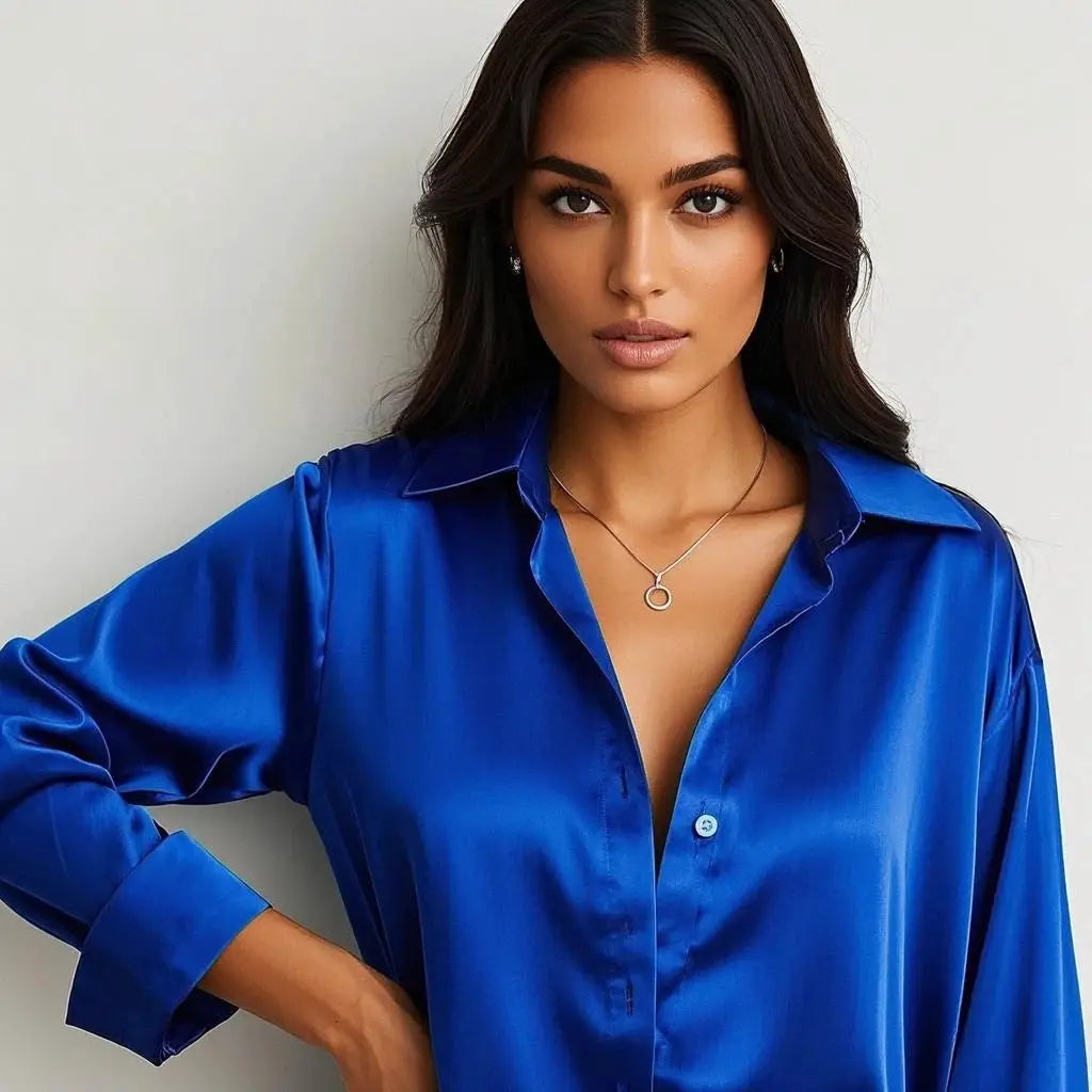 Blue satin blouse for women with collar, long sleeves, and front buttons.