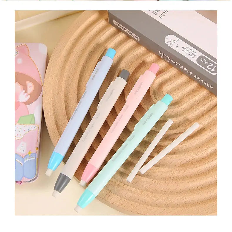 KHINSUN retractable eraser pens, set of 5 pastel colors (blue, gray, pink, mint, white).