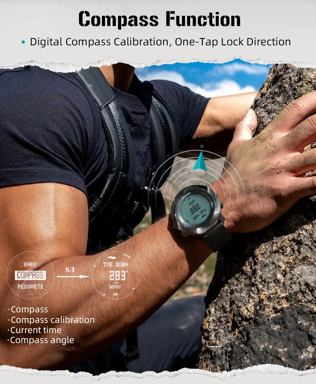 North Edge Apache-D digital dive watch on wrist with compass and barometer; 100M waterproof