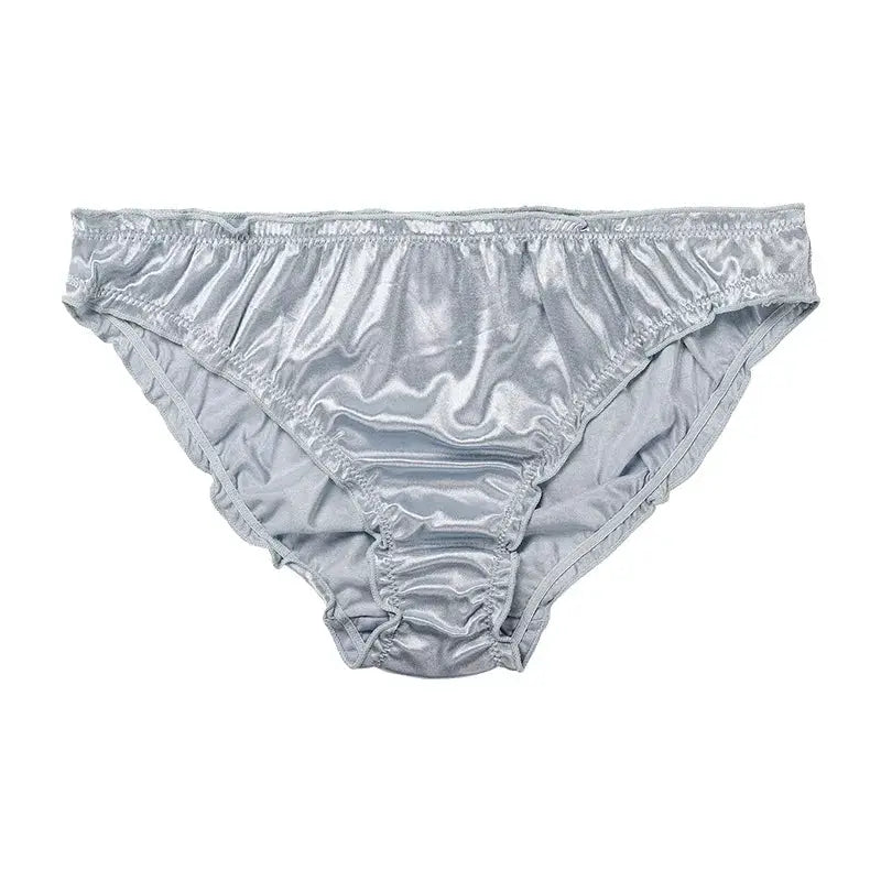 Women's satin low-waist panties by Simples Market, silver-gray and breathable.