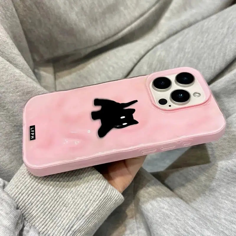 Pink fuzzy cat shockproof phone case by Simples Market for iPhone Pro Max models; black cat silhouette