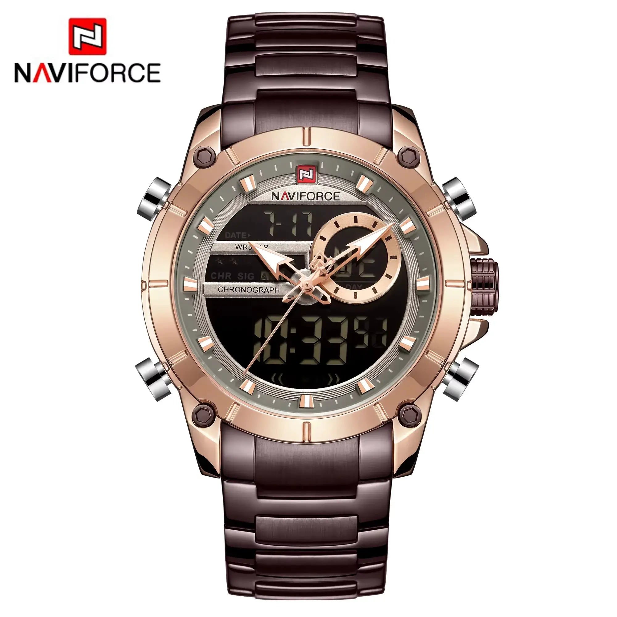 Naviforce 9163 Luxury Sport Mens Wristwatch With Dual Analog Digital Display Stainless Steel Water Resistant