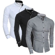 Three men's slim-fit long-sleeve shirts in white, black, and gray by Simples Market