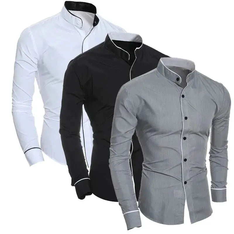Three men's slim-fit long-sleeve shirts in white, black, and gray by Simples Market