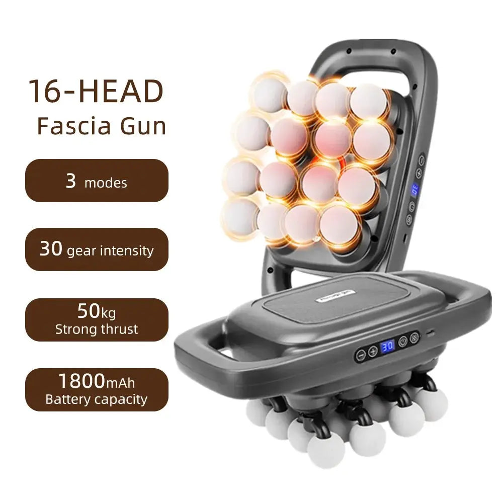 16-head fascia gun massage device, gray body, with 3 modes, 30 gear intensity, 50 kg thrust, 1800mAh battery
