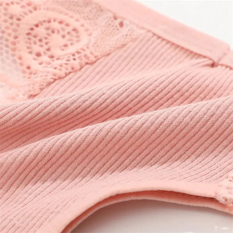 Pink ribbed cotton thong underwear with lace panel, 3-pack low-waist bikini panties